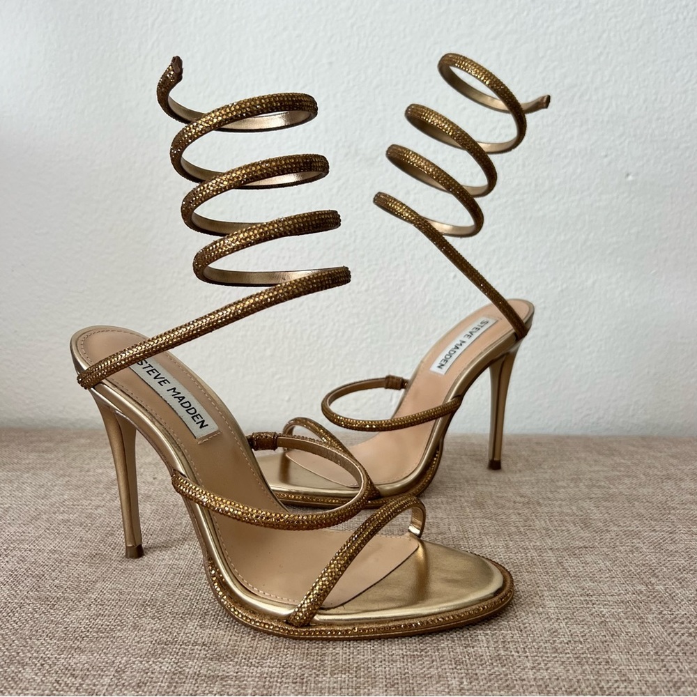 Steve Madden Women's Exotica Crystal Ankle Wrapped Sandal in Bronze 6.5